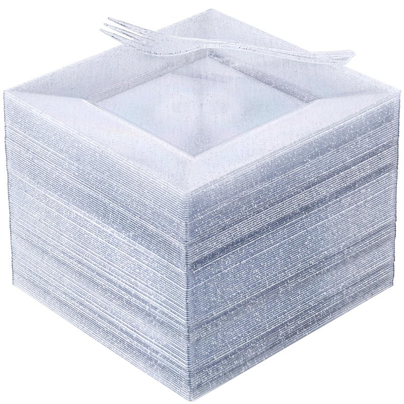 DaYammi 100Pcs Silver Dessert Plates Including 50Pcs Appetizer Plates 650Pcs Plastic Forks 57Silver Glitter Plastic Square plate for Weddingsilver Salad plates and Cake Forks for Birthday Party